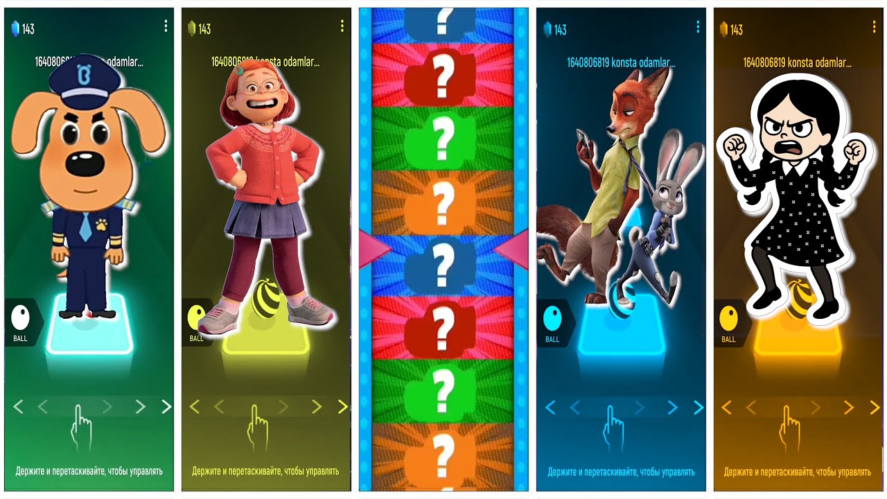 Tiles Hop Random Cartoon Party Police Dog, Mei Lee, Nick Wilde & Wednesday