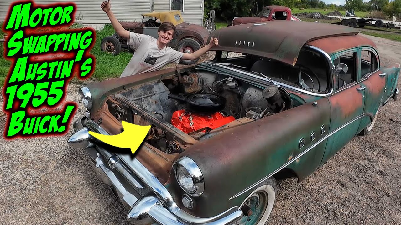 Austin prepping the engine to install in his '55 Buick