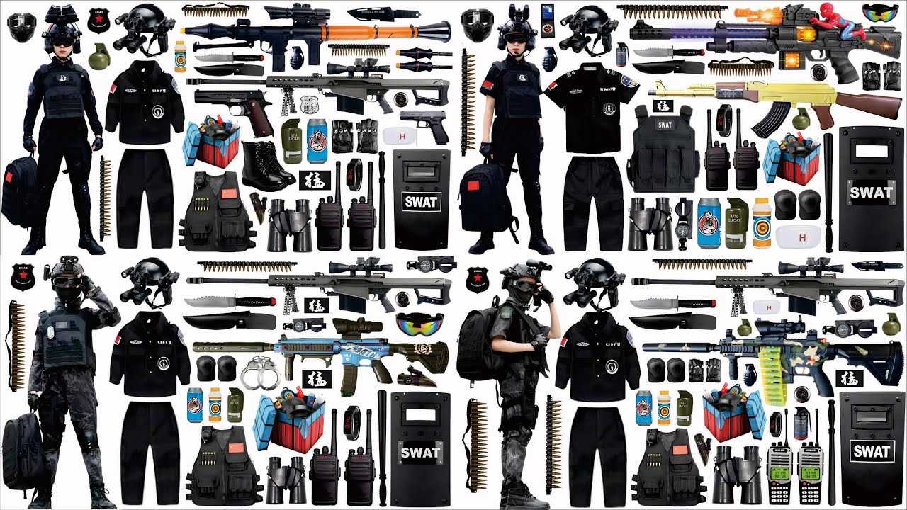 Open box toy set collection, including special forces toys, special police equipment, toy guns