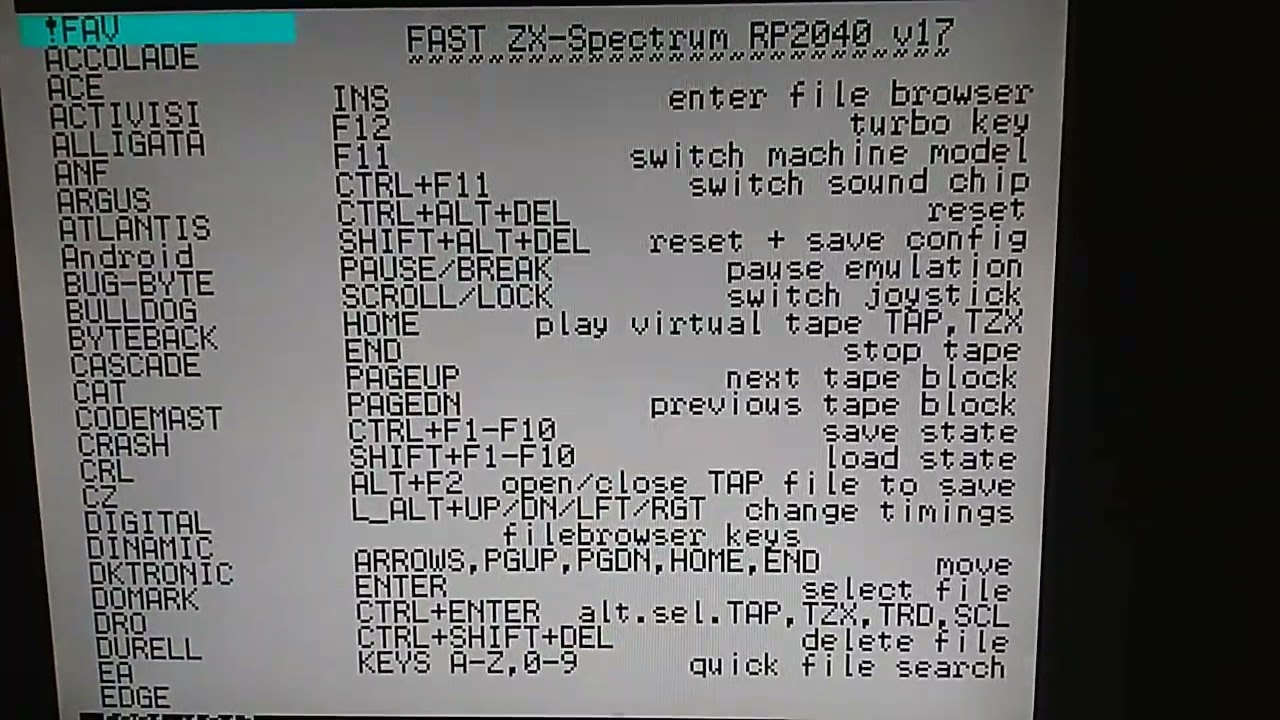 RP2040 ZX Spectrum Fastbeta firmware startup and filebrowser help text