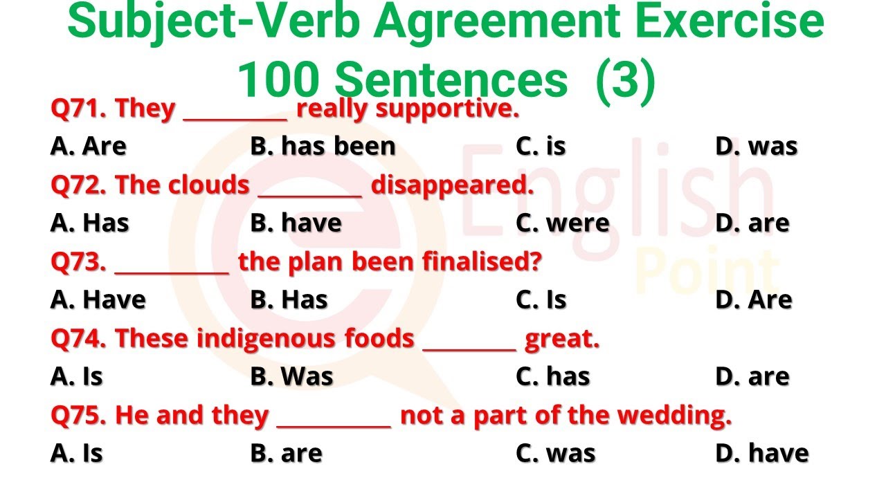 Subject-Verb Agreement Exercise  | Most Important 100 MCQs Part - 3
