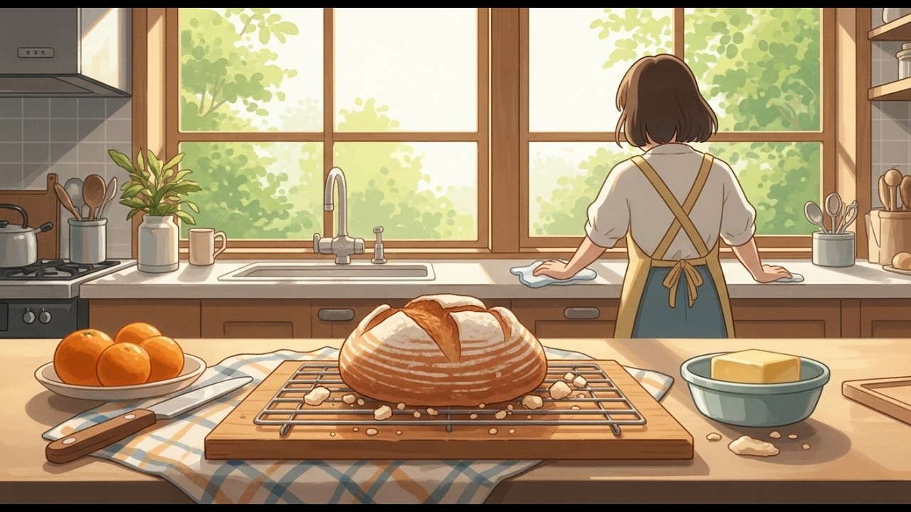 A Cozy Morning in My New Kitchen 🍊 | No-Knead Bread & Mushroom Soup | ghibli style vlog