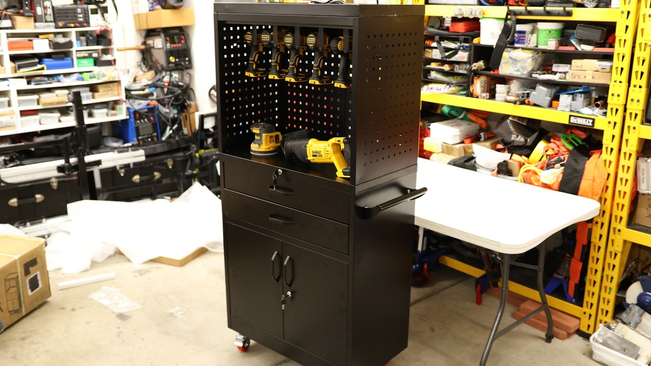 Dinwork Professional Mobile Tool Cart with Locking Wheels, Large Storage & Built-in Outlet - Heavy