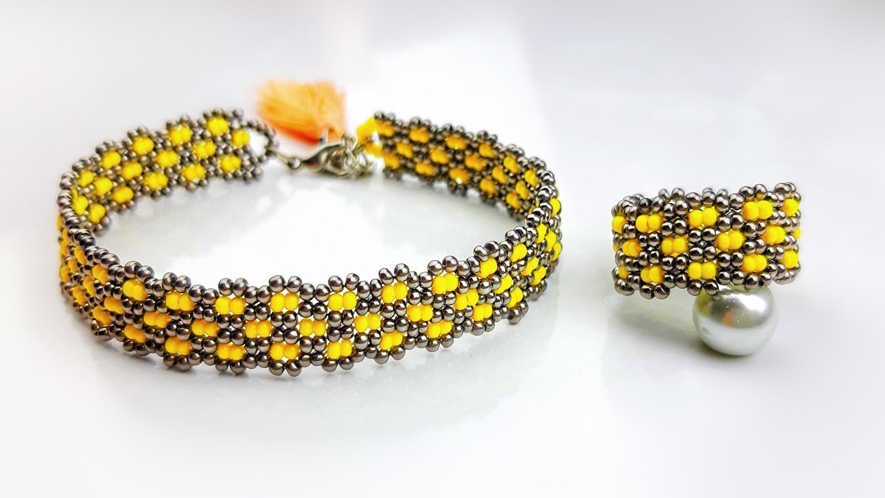 İkili Peyote Bileklik-Yüzük Yapımı. Two drop peyote stitch Bracelet-Ring Making. Yellow Jewelry Set