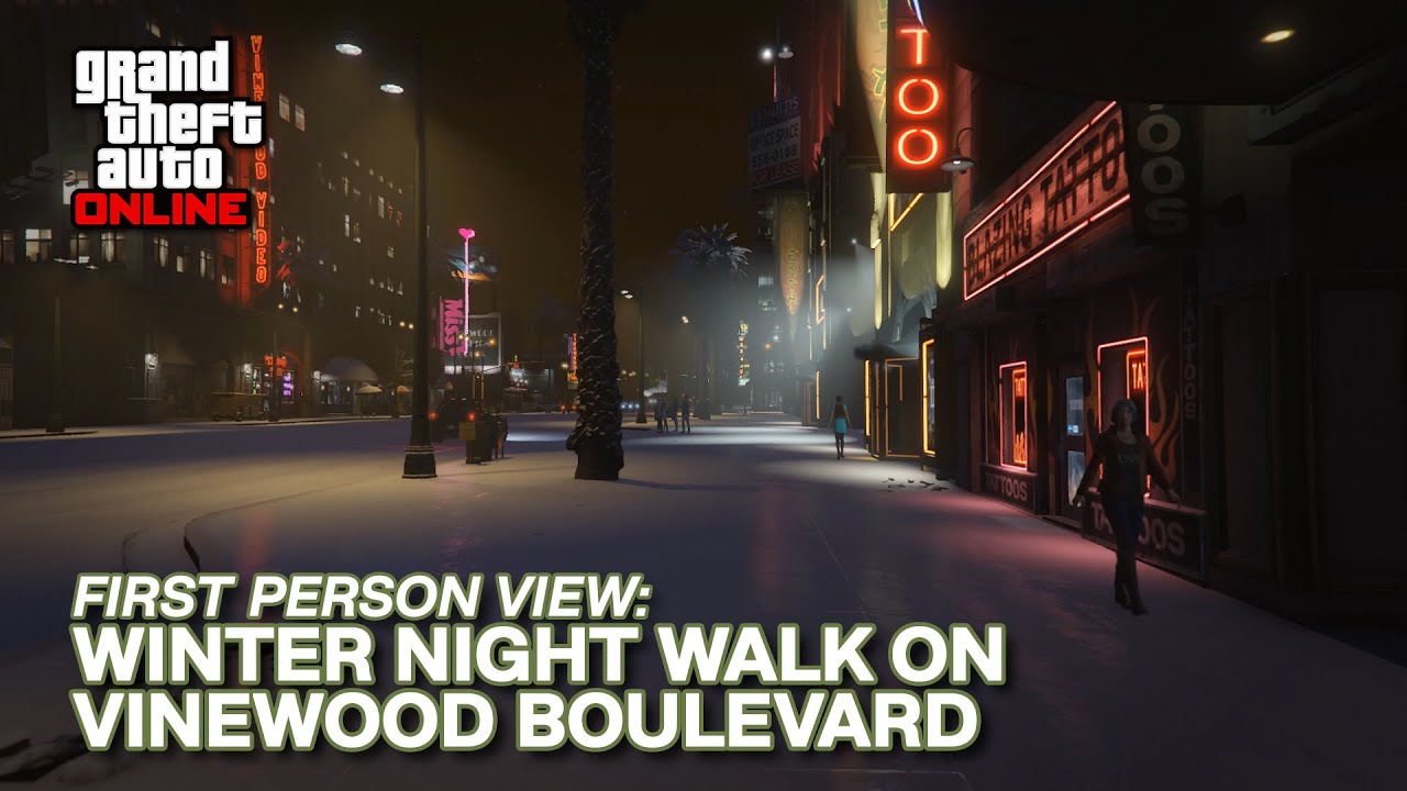 Winter Night Walk on a Snowy Vinewood Boulevard and Eclipse Boulevard in First Person | GTA Online