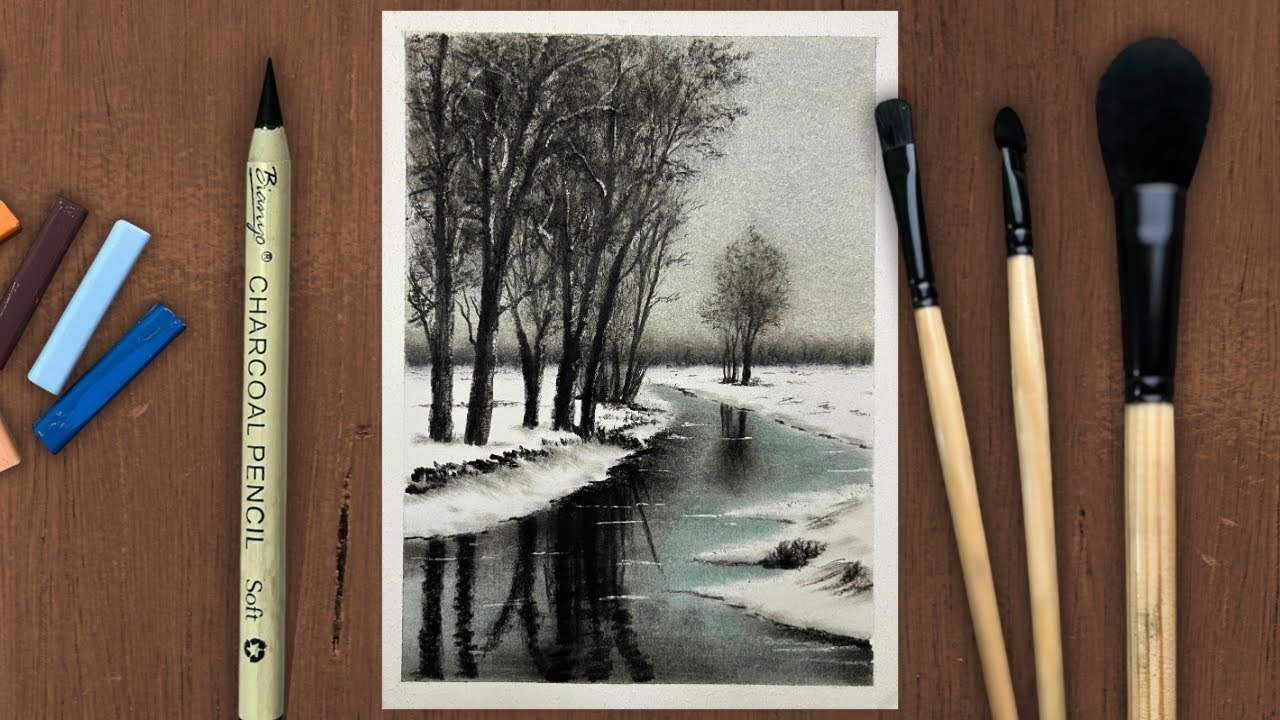 Peaceful Winter River Landscape Drawing | Charcoal & Soft Pastel Art | Relaxing Nature Sketch