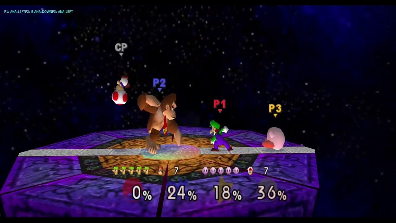 Super Smash Bros 1 Wave 1.5 - Kirby vs Donkey Kong vs Luigi vs Toad 10 Stocks Damage Ratio 2.0