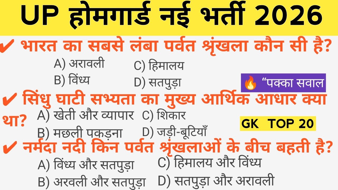 UP Home Guard New Bharti 2026 🔥 GK Top 20 Questions | भारत का सबसे लंबा पर्वत? |