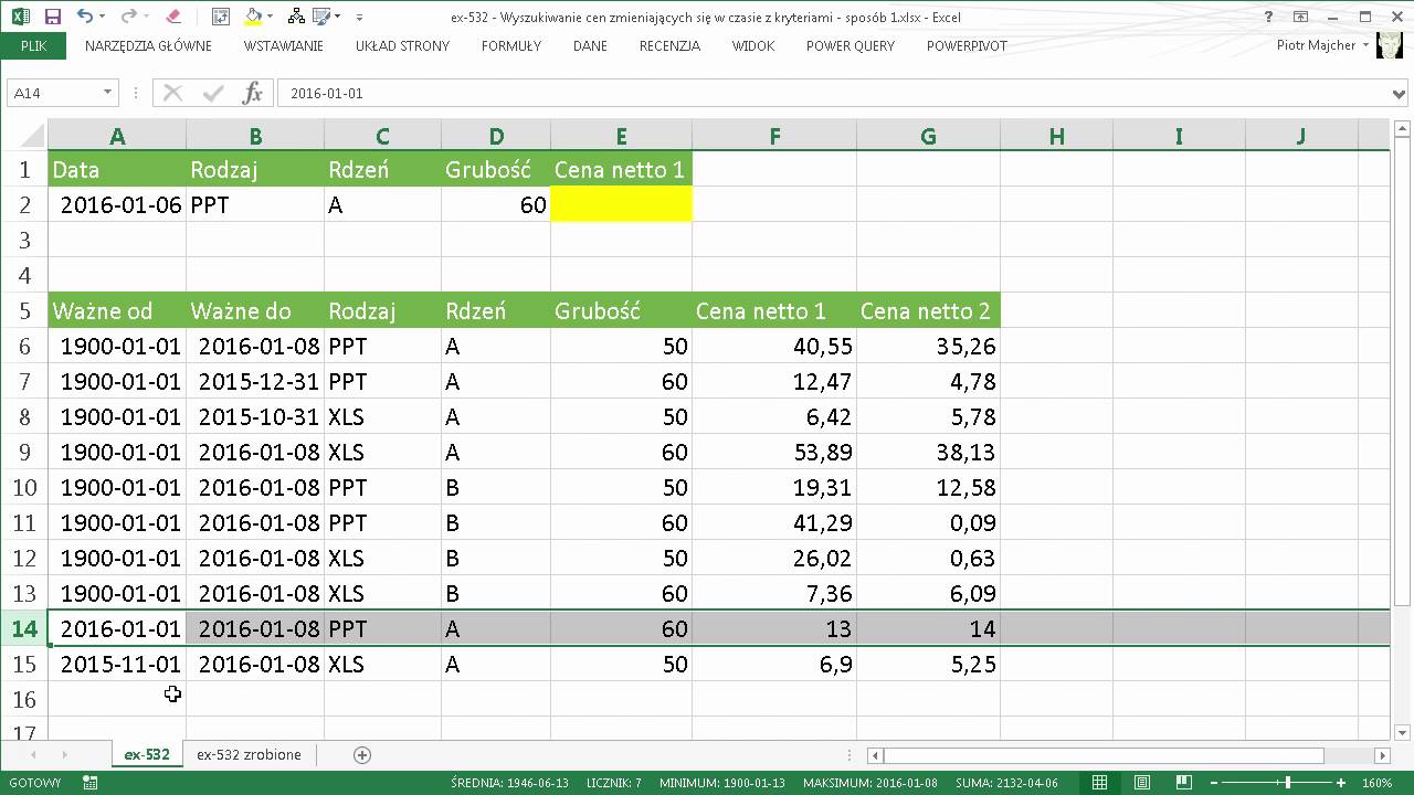excel-532 - Wyszukiwanie cen zmieniających się w czasie z kryteriami - SUMA.WARUNKÓW