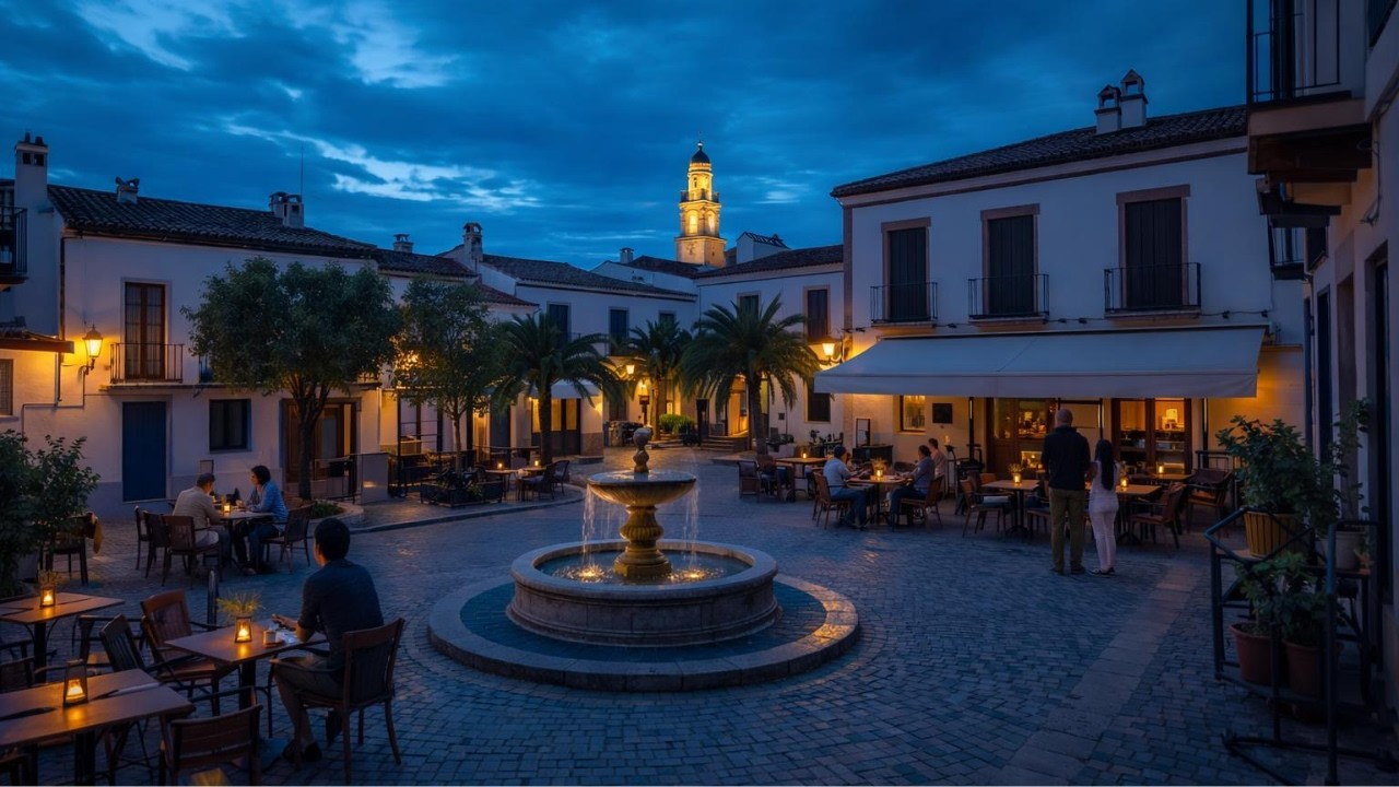 Andalucian Plaza Evening Ambience | Spanish Square Fountain Cafe Sounds