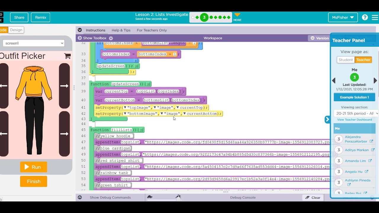Code.org U5L02 Lists Investigate tutorial