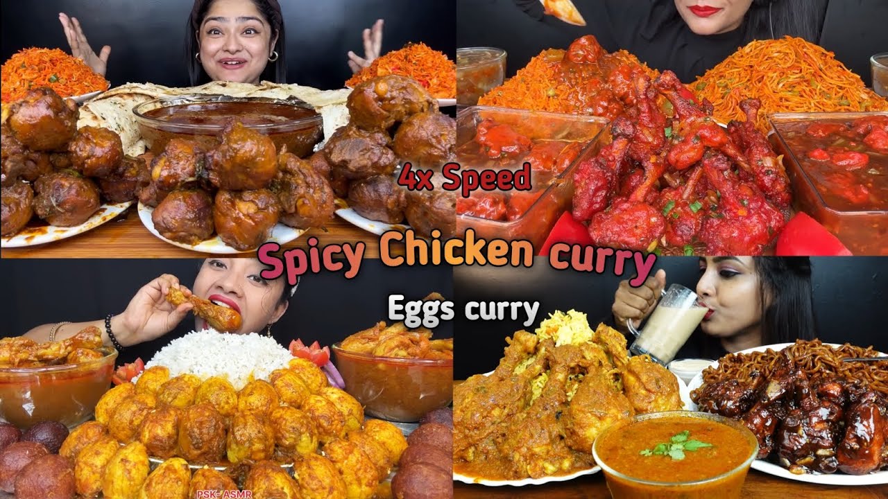 ASMR: Eating Spicy Chicken curry🍗🤤spicy chili chicken, eggs curry,chicken manchurian,eating, mukbang