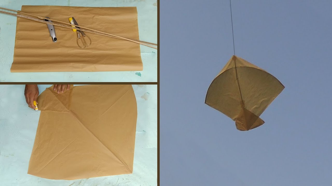 How to make kite with Khaki Cover Paper at home with flying tutorial - kite making with butter paper