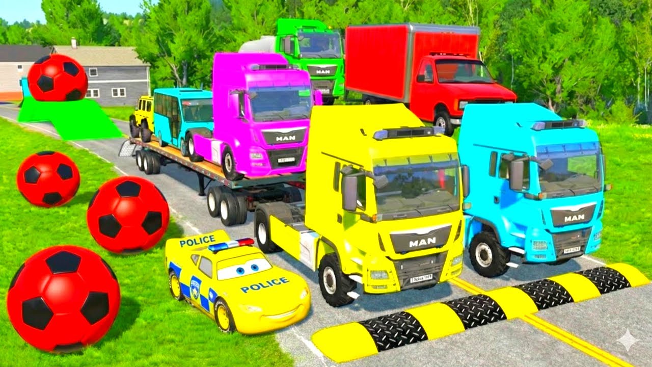 Triple Flatbed Trailer McQueen Transportation with Truck - Speedbumps vs Cars vs Train - BeamNG #