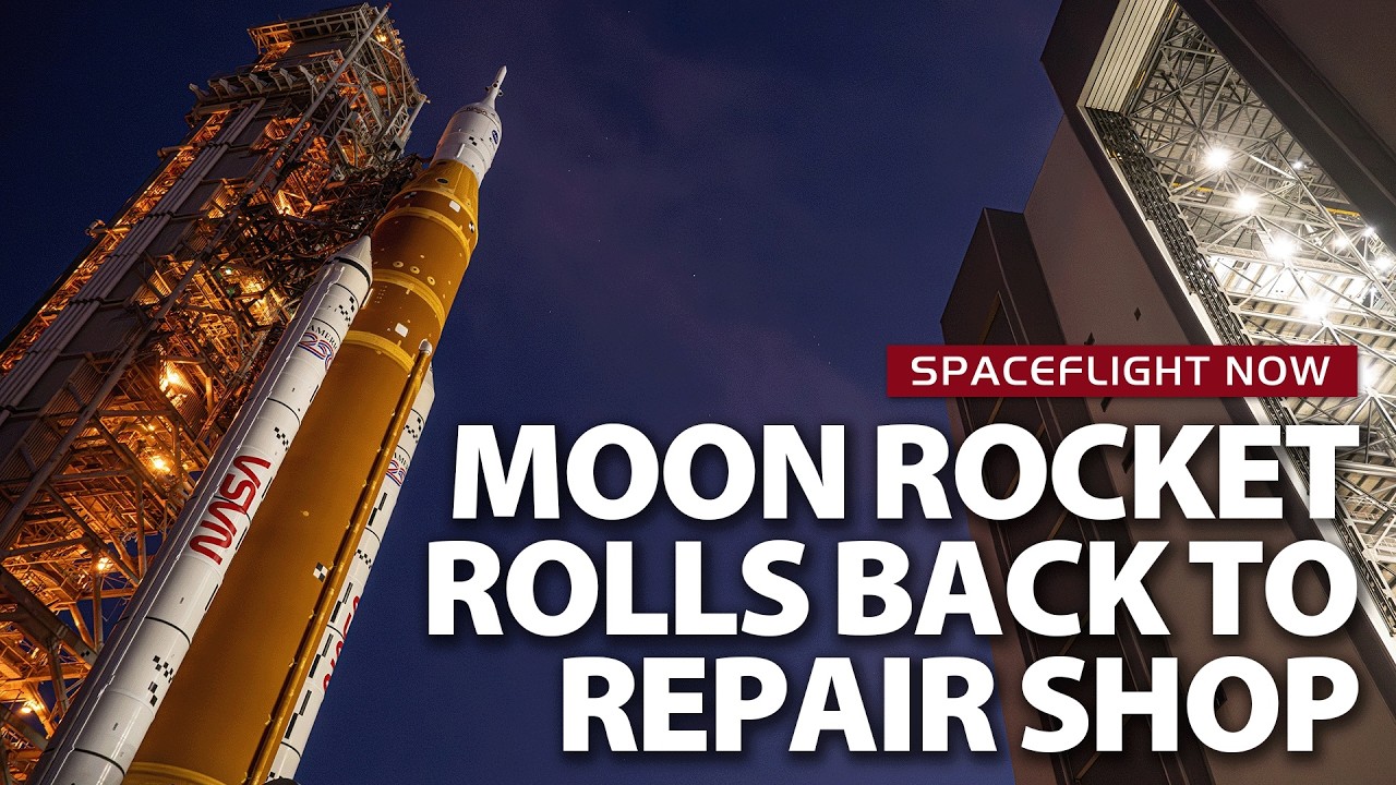 Cinematic rollback of NASA's SLS Moon rocket to the VAB for repairs and prelaunch preps