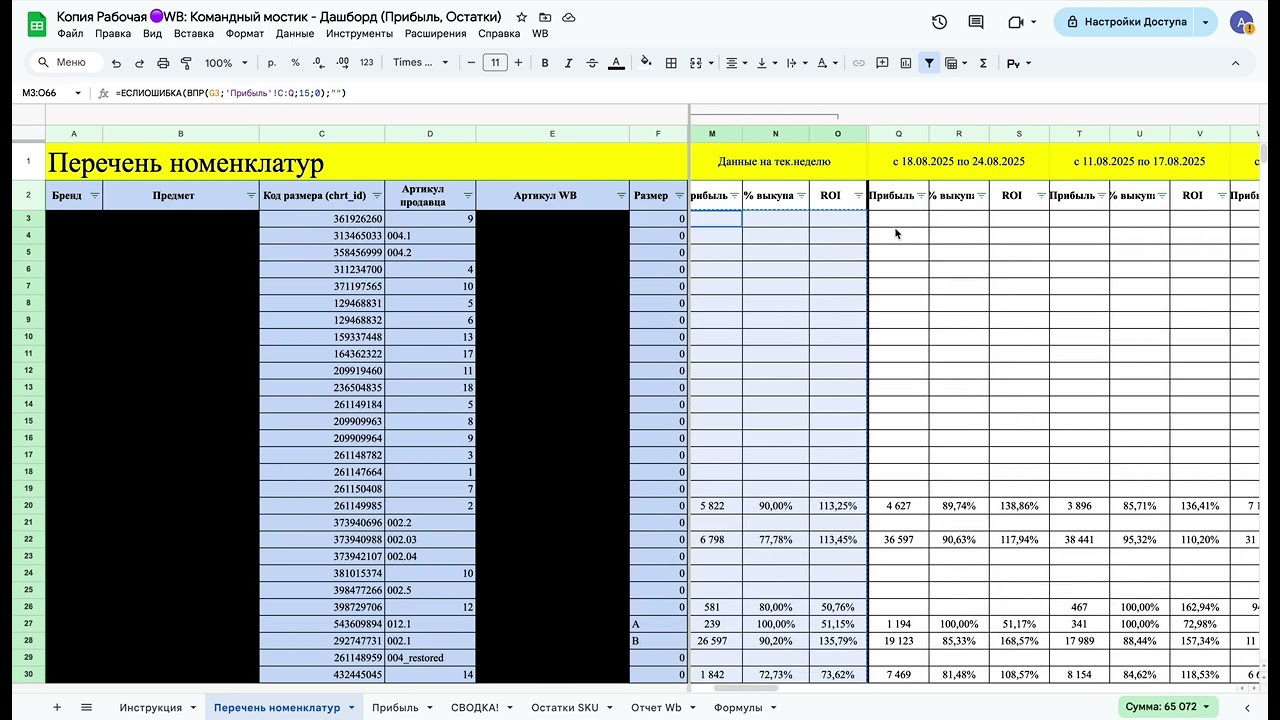 📊 Таблица для Wildberries с автоматической аналитикой через API