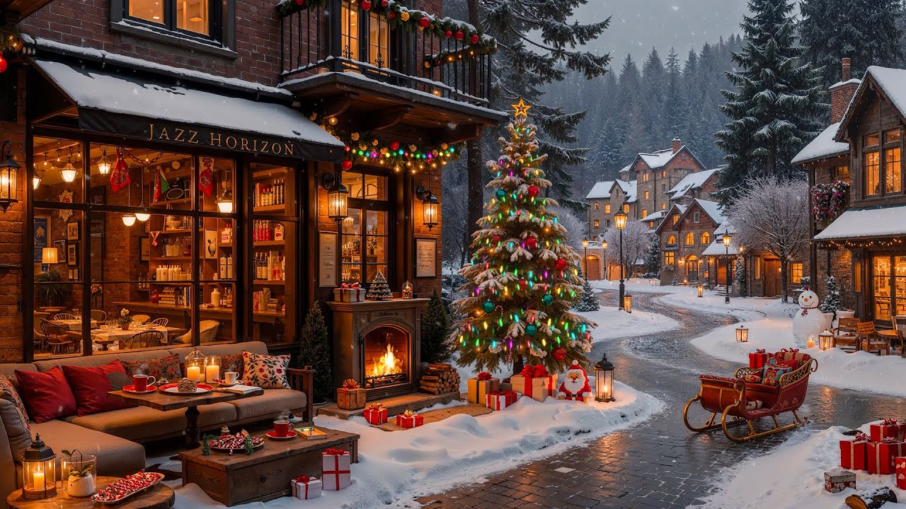Peaceful Christmas Ambience 🎄 Cozy Porch Coffee Shop with Warm Christmas Jazz Music & Fireplace