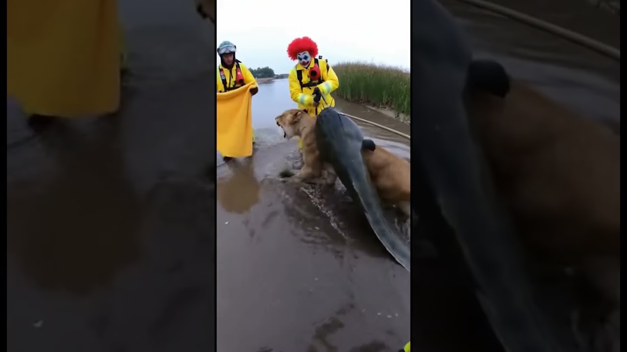 Rescue team saves a mother lion from a catfish attack in the river!