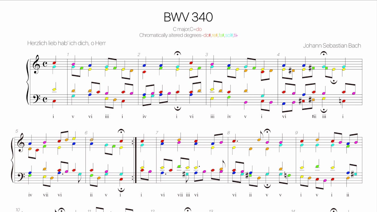 Bach Chorale BWV 340 Harmonic analysis with colored notes -Herzlich lieb hab' ich dich, o Herr-