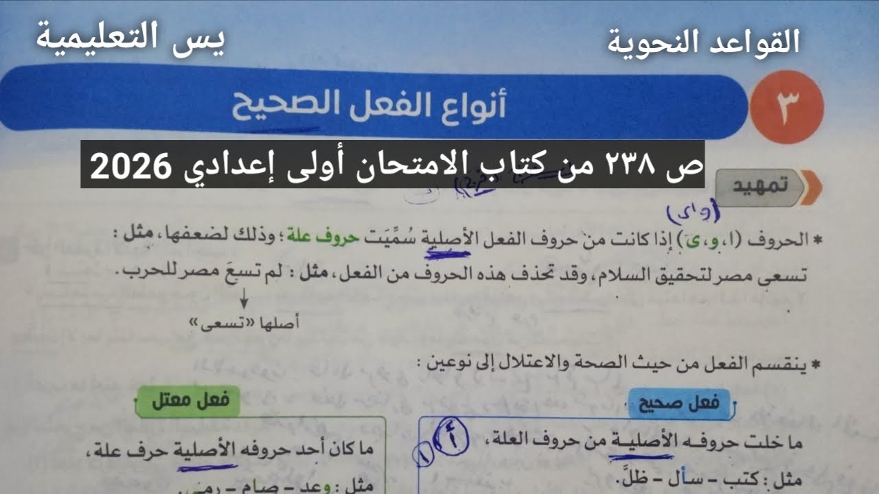 درس القواعد النحوية (أنواع الفعل الصحيح) ص 238 من كتاب الامتحان للصف الأول الاعدادي الترم الأول 2026