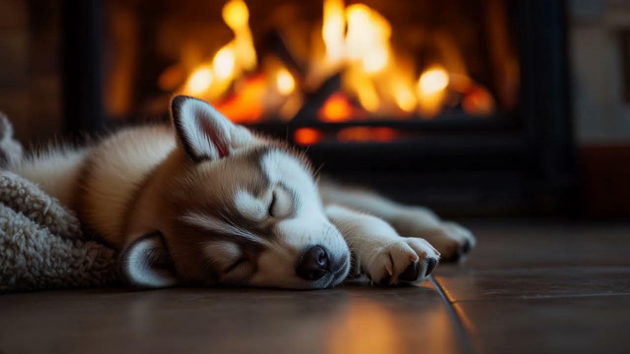 ozy Fireplace - Sleeping Siberian Husky Puppy 🐶🔥 | 10 Hours of Relaxing Crackling Fire Sounds