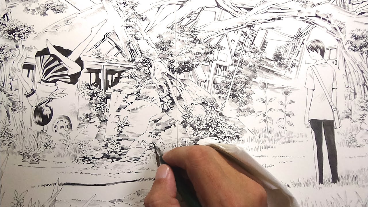 作画風景 : 宙を漂う（漫画見開き原稿　下絵・ペン入れ）
