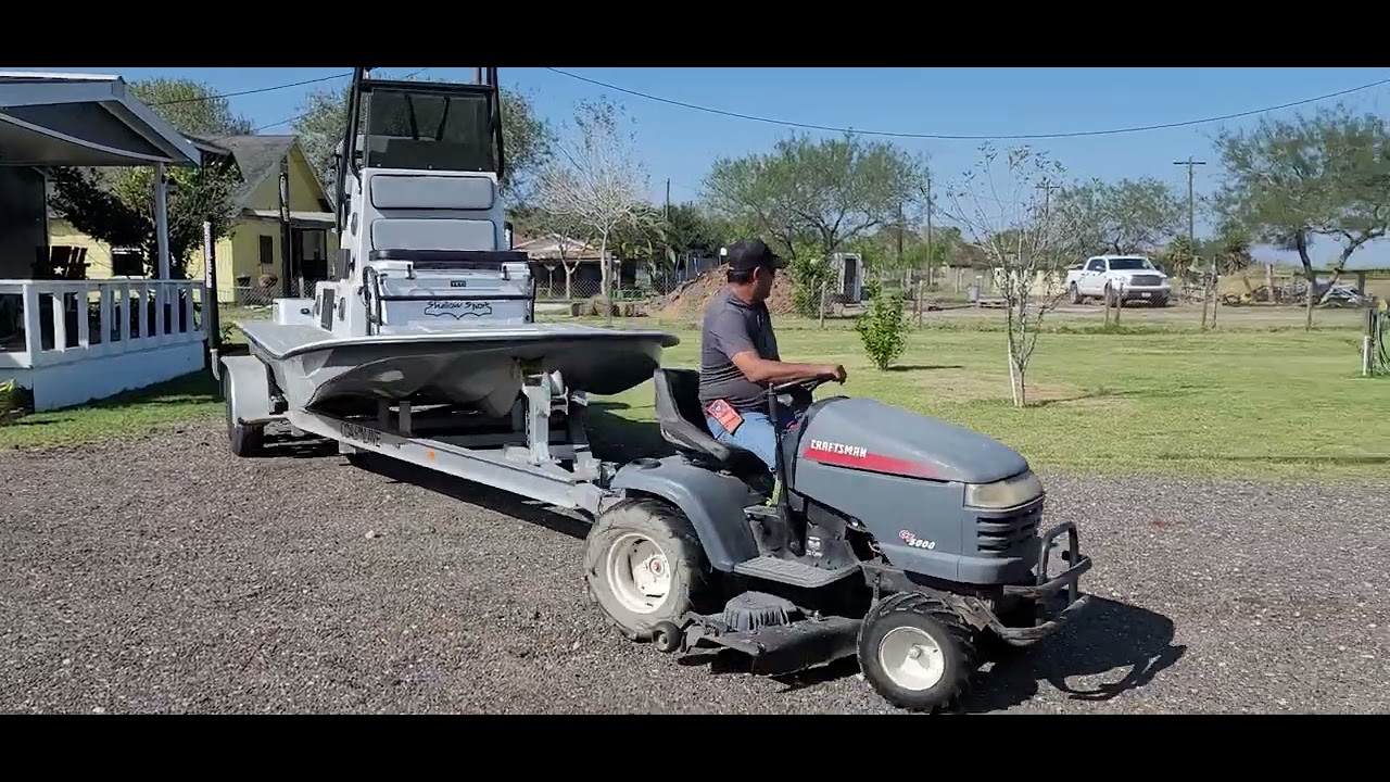 moving big Shallow water boat with powerful lawn mower