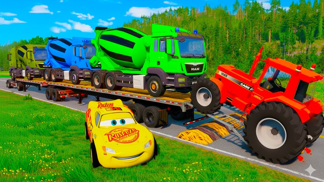 TRANSPORTING PIXAR CARS & FRUITS WITH COLORED & JOHN DEERE vs CLAAS vs TRACTORS - BeamNG.drive #983