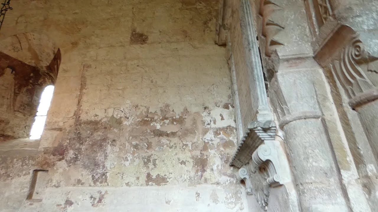Interior views of outstanding medieval (1130) St Mary's Church Kempley Gloucestershire England