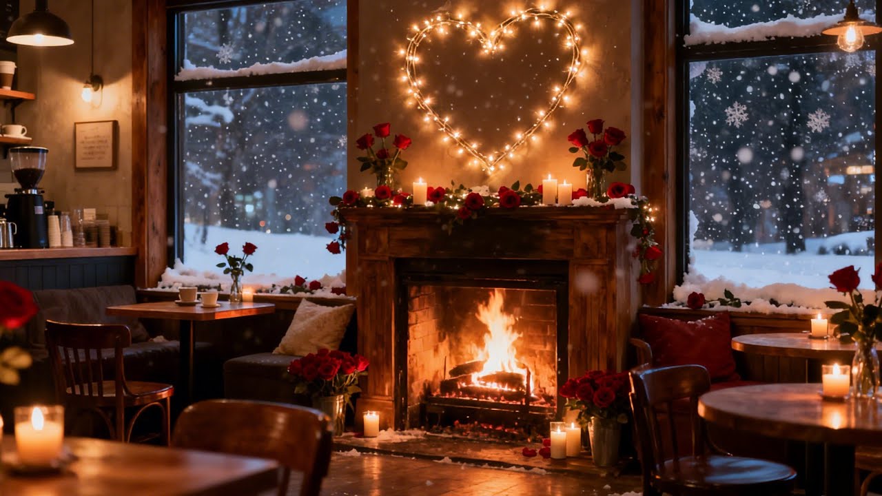 8 Hours Snowstorm Outside, Warm Café Fireplace Inside ❄️ Relaxing Jazz Ambience
