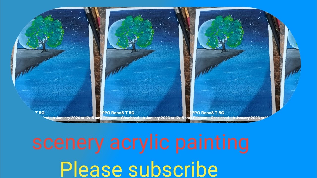 Beautiful scenery acrylic painting/easy scenery art with moon /night sky painting #art #painting 