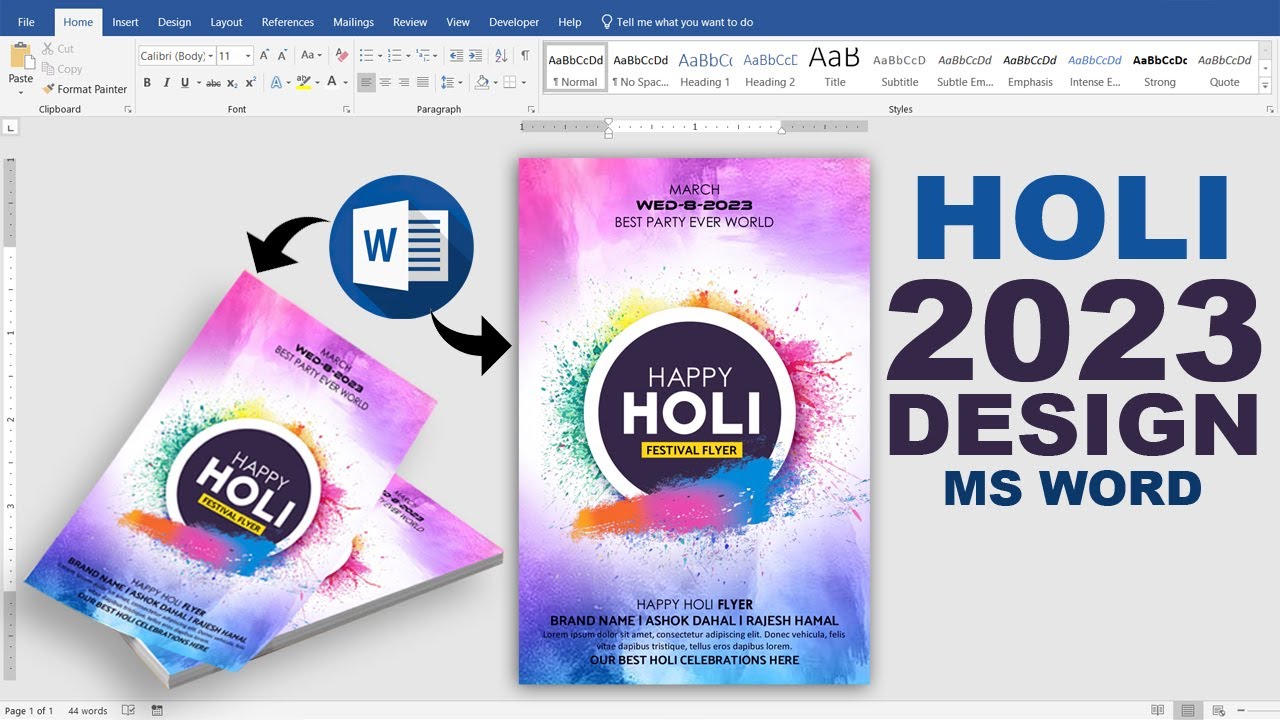 Holi 2023 Design in Microsoft Word Tutorial || Printable Holi Flyer Design in Ms Word