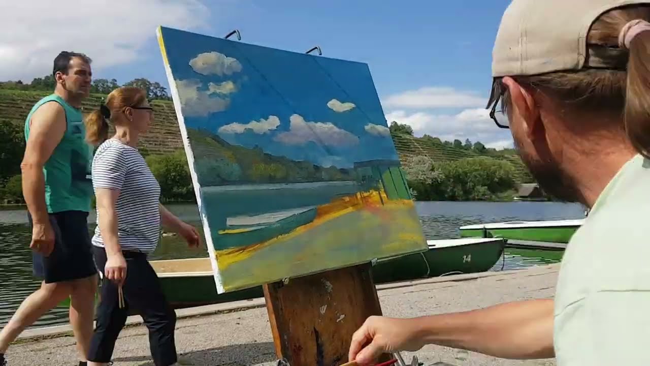 &Ouml;lstudie auf Leinwand  boat station in Stuttgart.