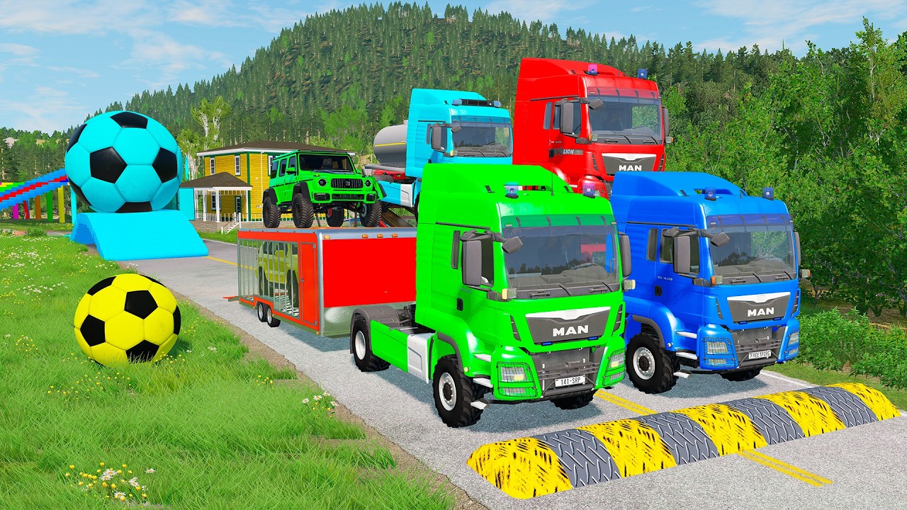 Double Flatbed Trailer Truck vs Speedbumps Train vs Cars | Tractor vs Train Beamng.Drive 0137