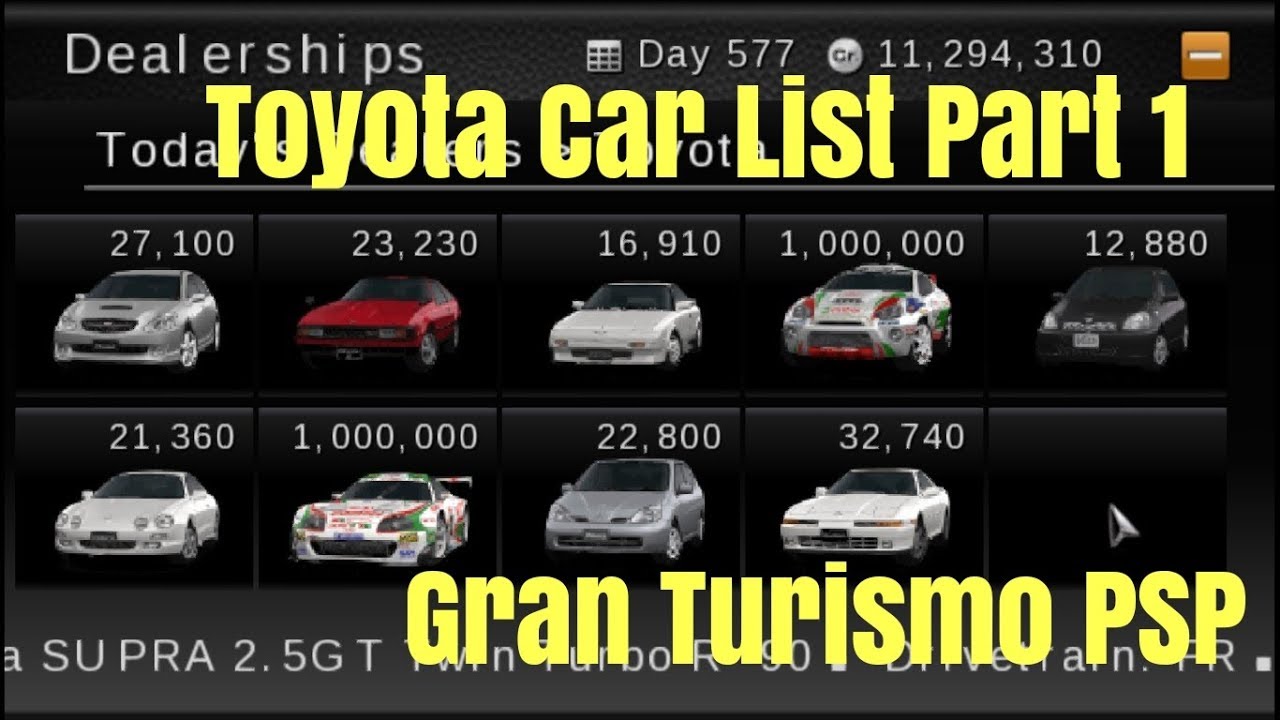 Gran Turismo PSP: Toyota Car List Part 1