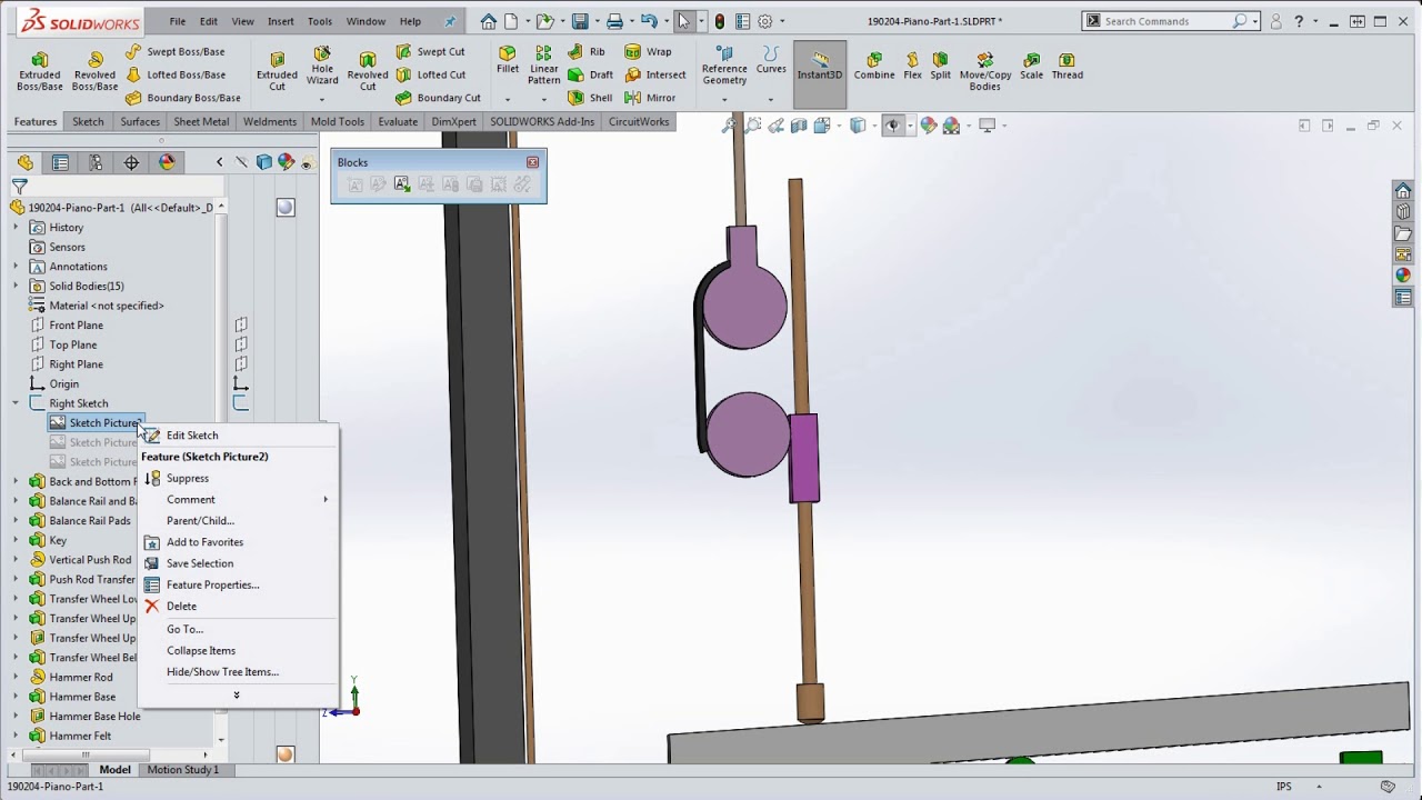 Client Demonstration – Innovative Piano Mechanism Design - Sketch Picture, Solid Bodies to Assembly