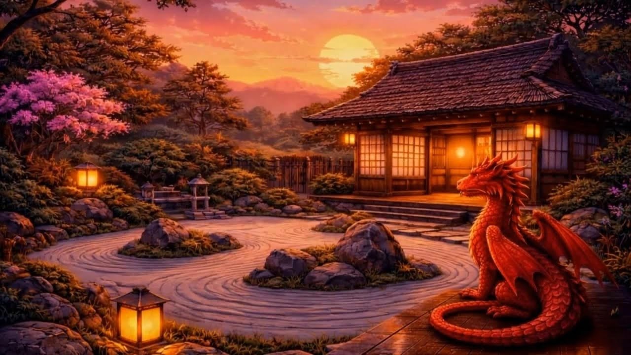 🐉 Silent Dragon LoFi Beats – Calm Japanese Zen Garden at Sunset 🐉 | Relax & Study Music