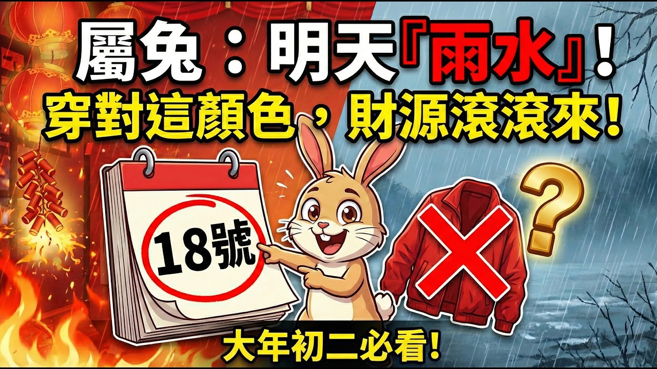 屬兔：明天18號「雨水」，恰逢大年初二，你穿上「這顏色」，招財更能避小人！助你馬年財源滾滾擋不住！#屬兔2026運勢 #雨水節氣 #大年初二 #2026生肖兔運勢 #招財顏色 #偏財運 #幸運顏色