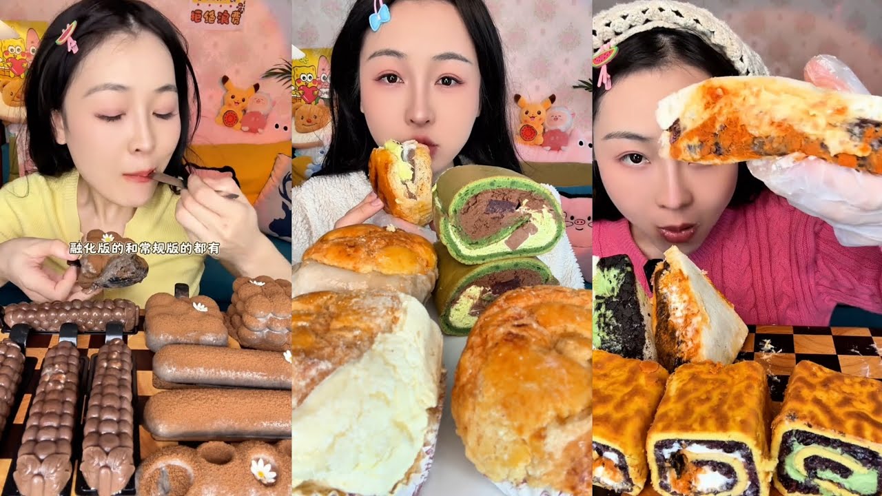 Eating Matcha Chocolate Roll Cake | Soft Creamy ASMR MUKBANG