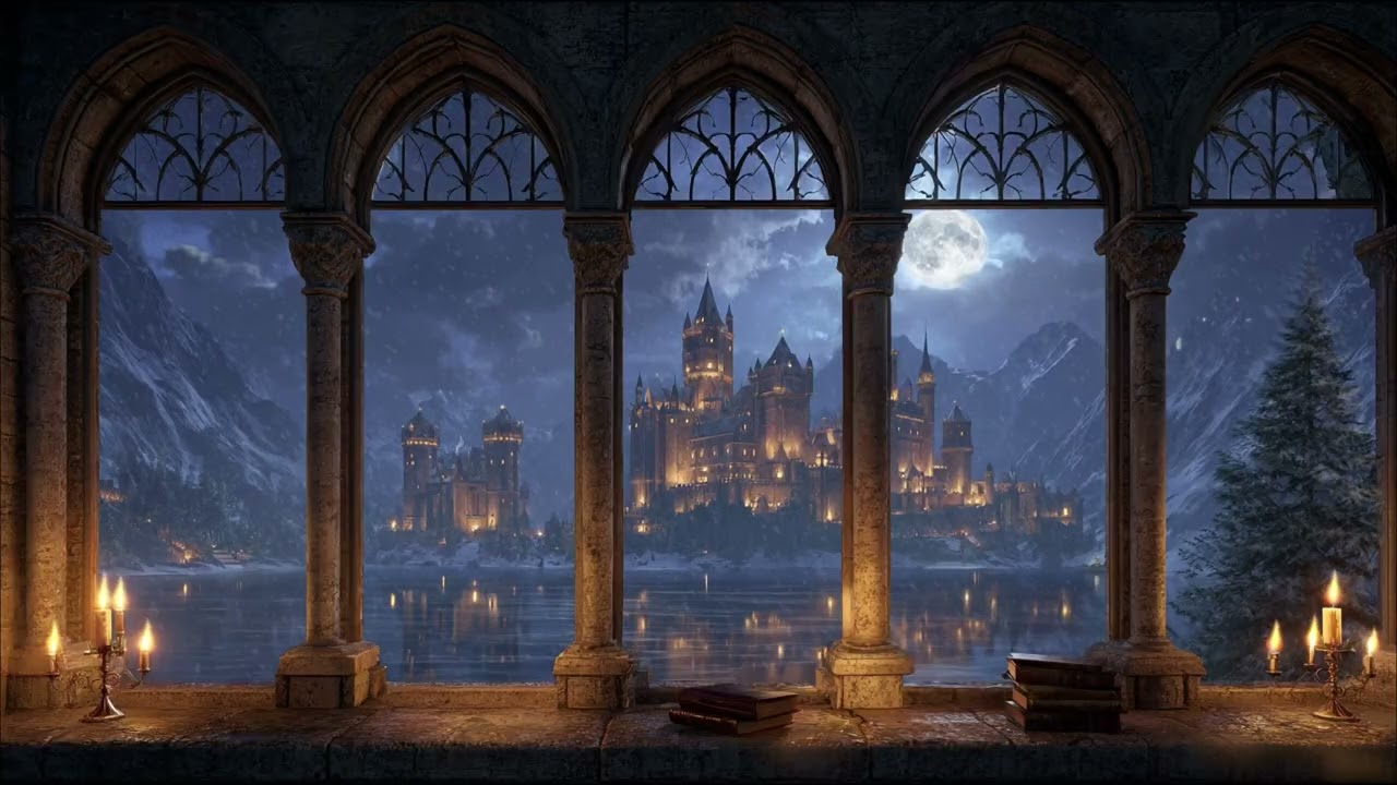 Medieval Castle Winter Ambience 🏰 Relaxing Medieval Music & Snowy Night Window View