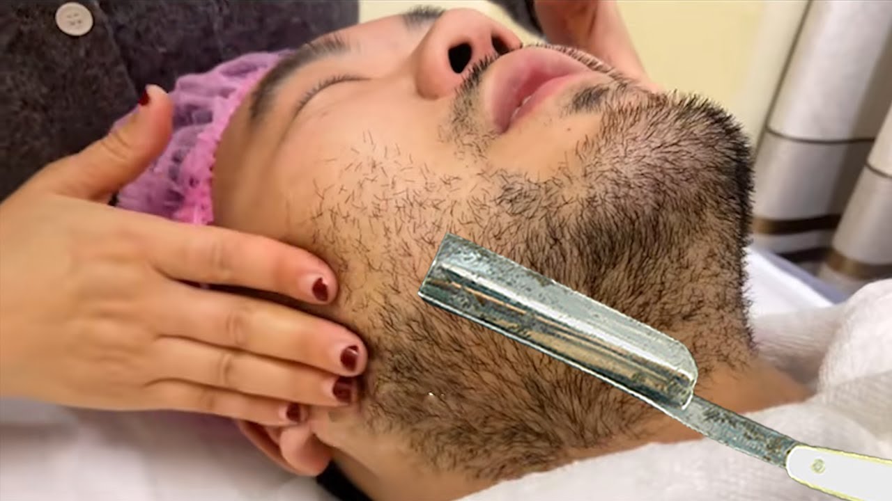 💈ASMR|Remove thick beards from man's face and dead skin from ladie's face.🪒Crazy shaving skills!
