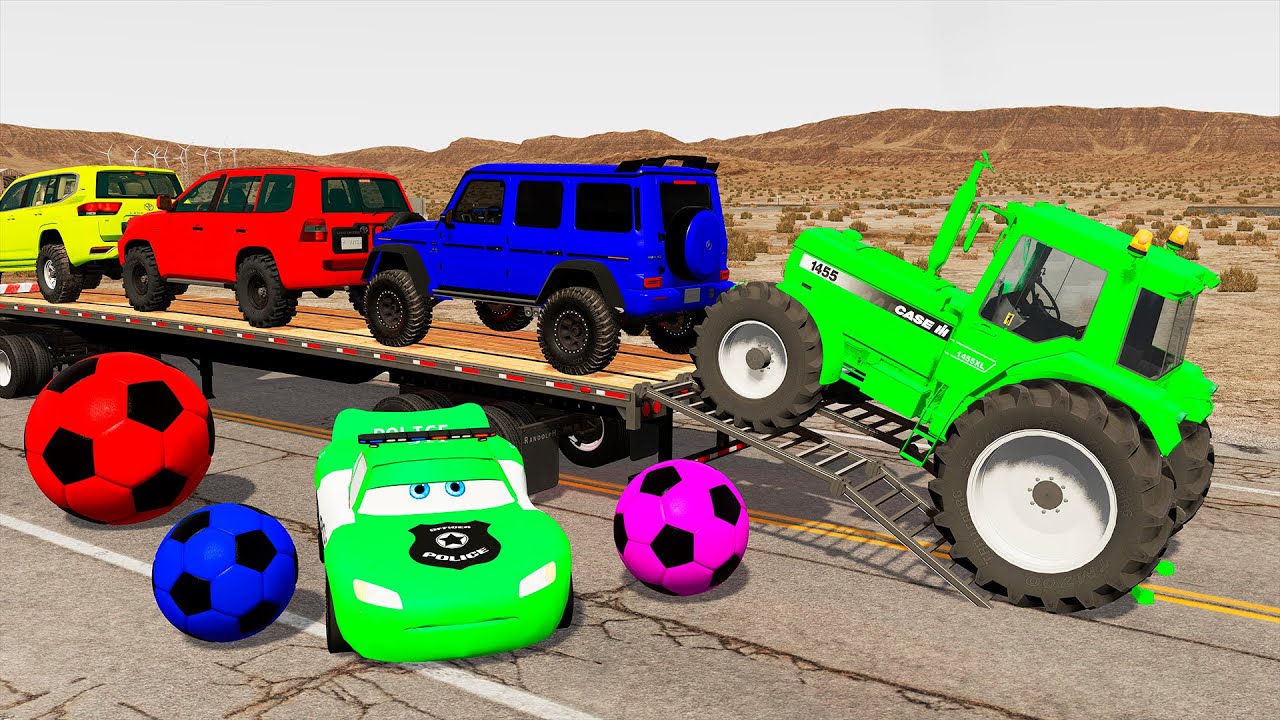 Flatbed Trailer McQueen Transportation with Truck - Speedbumps vs Cars vs Train - BeamNG.Drive #320