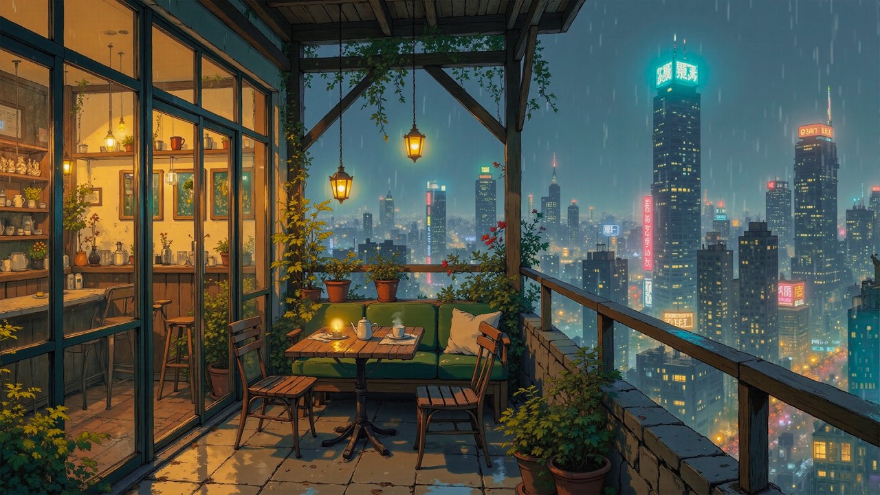Japan City Rain 🌧️ Peaceful Balcony Café with Soft Neon Reflections | Lofi for Study & Sleep