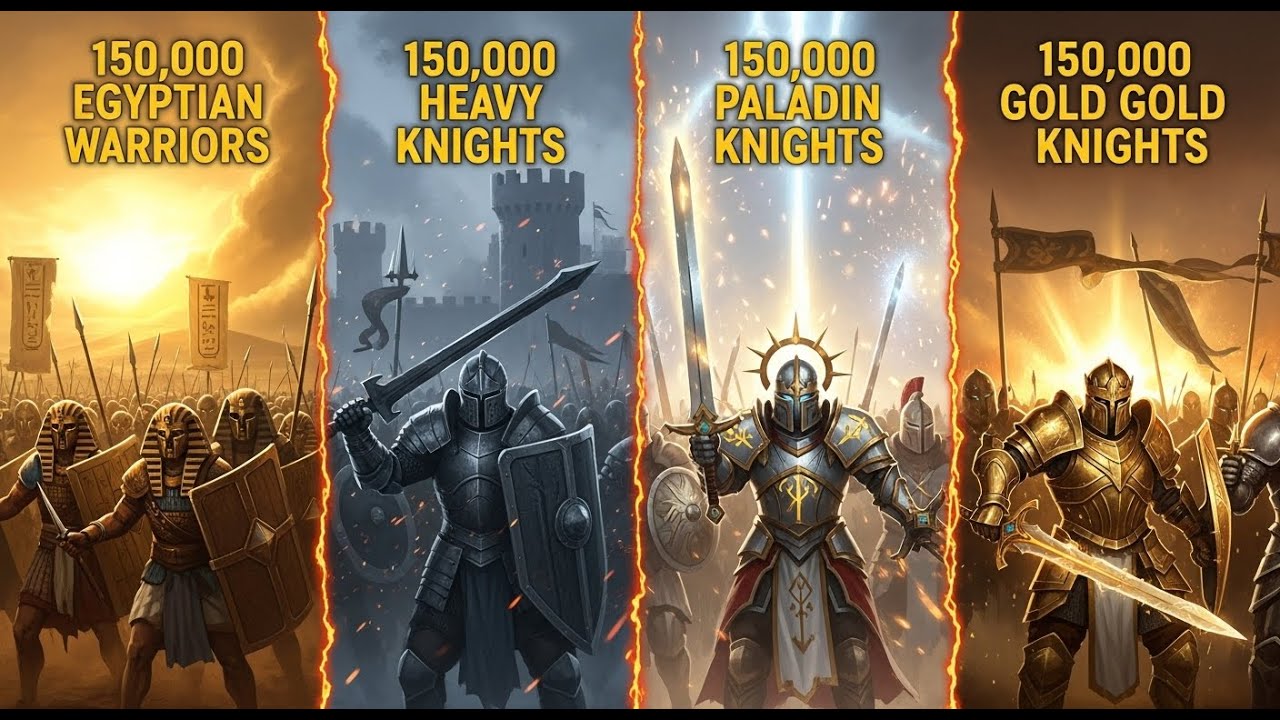 150K Egyptians vs 150K Heavy Knights vs 150K Paladins vs 150K Gold Knights