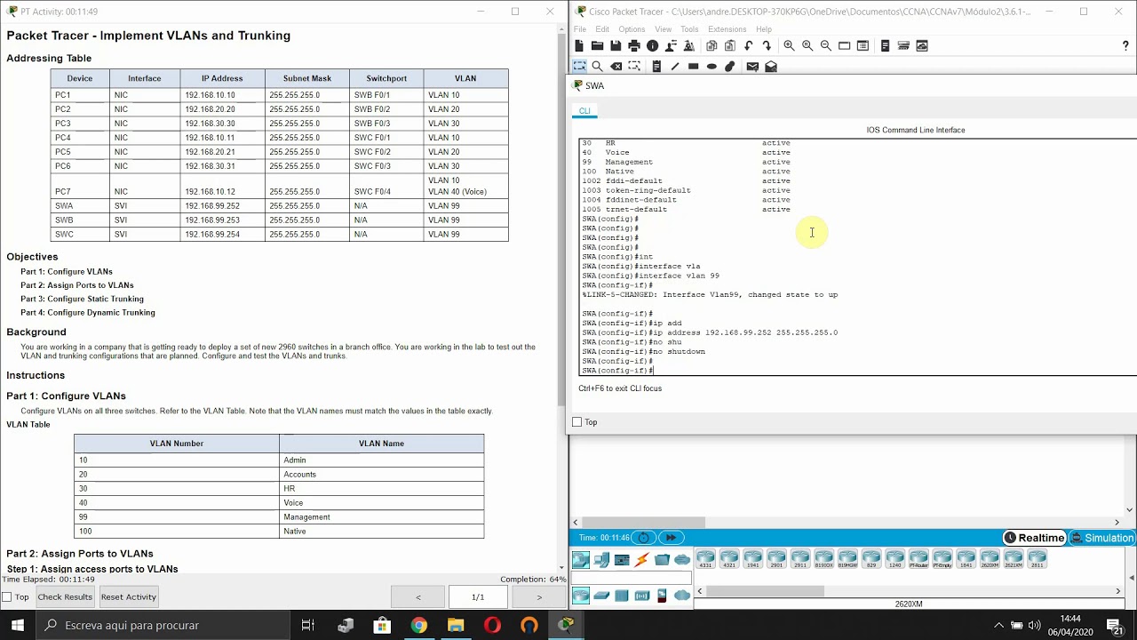 3.6.1 Packet Tracer - Implement vlans and trunking (CCNAv7)