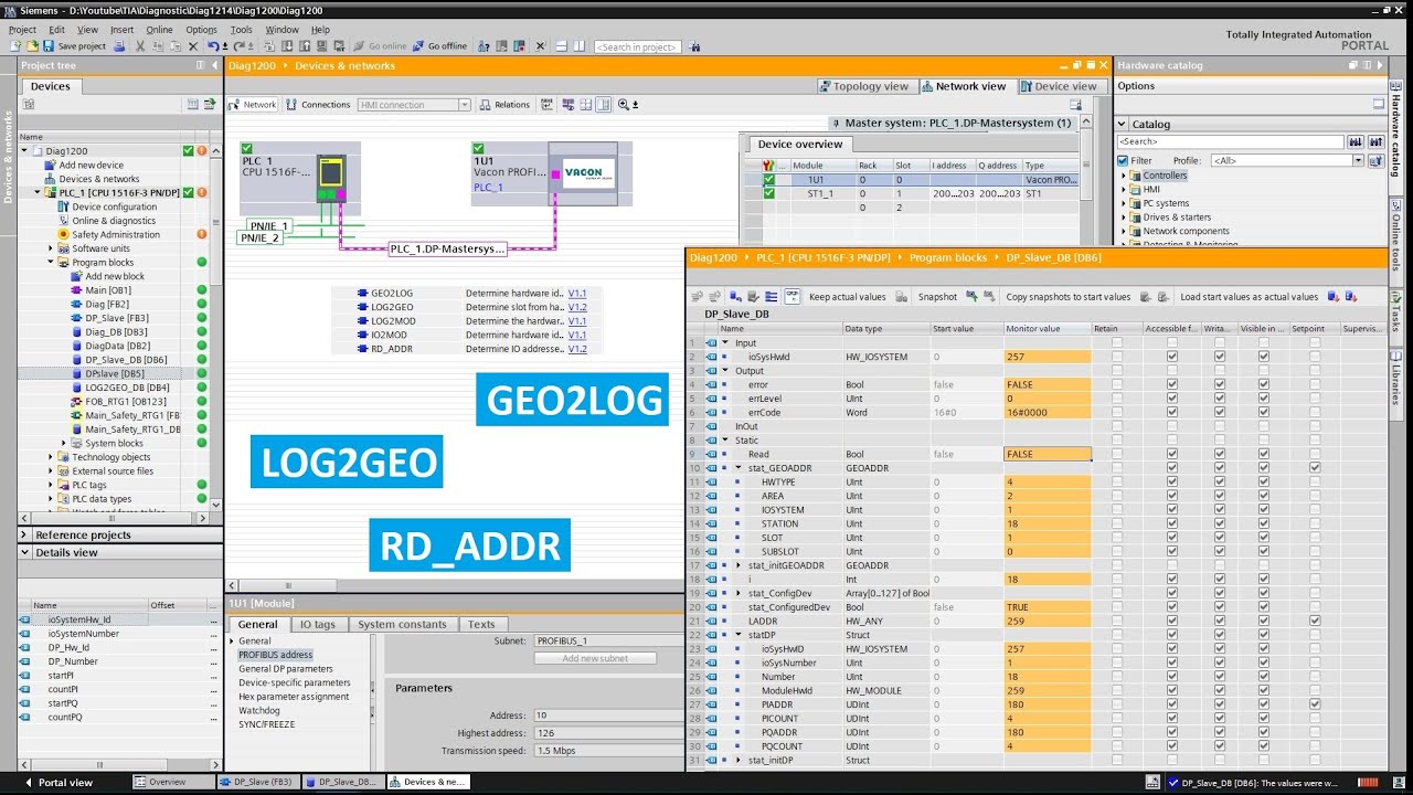 Addressing in TIA: PROFIBUS DP Slave IO area GEO2LOG, LOG2GEO, RD_ADDR