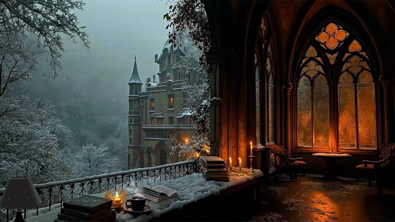 The Snowy Balcony Library | Dark Academia Winter Music - Candlelight Study & Peaceful Piano