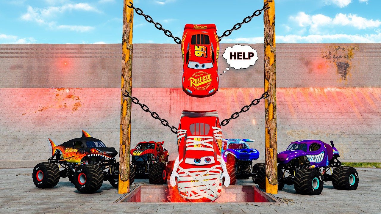 4 Monster Trucks VS Lighting McQueen and hero Tow Mater - BeamNG Monster Truck Crashes