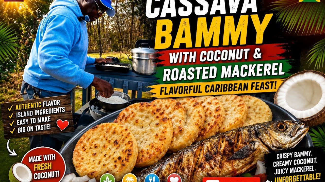 Cassava Bammy with Coconut and and Roasted Mackrel - A Flavorful Caribbean Feast.