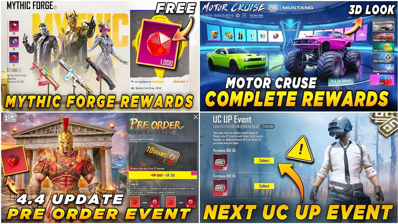 🔴 NEXT MYTHIC FORGE BGMI 4.4 ✅ MUSTANG MOTOR CRUSE REWARDS 🔥 NEXT PRE ORDER EVENT 😍 NEXT UC UP EVENT